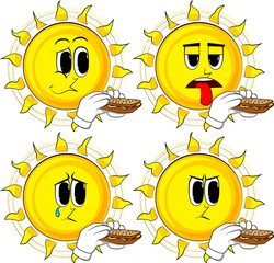 Cartoon sun eating a sandwich. Collection with sad faces. Expressions vector set.