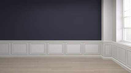 Empty room Blue and White Wall Classic style 3D rendering room is empty waiting for the interior design clean Wooden floor and windows with sunlight picture for copy space