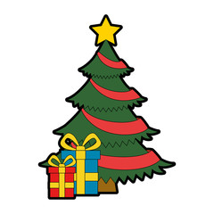 merry christmas tree with gifts vector illustration design