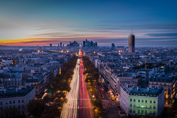 Fototapeta na wymiar Nanterre at sunset seen from Arc de triomphe
