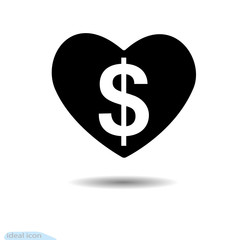 The heart icon dollar. A symbol of love. Valentine s Day. Flat style for graphic and web design, logo. Black as coal. A lot of soot. Frame, shadow. Vector