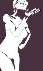 Girl who sends an air kiss. Beautiful sexy fitness woman wearing swimsuit and sunglasses. Half turn view.