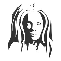 Face front view. Elegant silhouette of a female head. Long hair. Monochrome gamma.