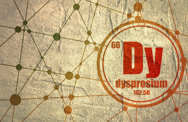 Dysprosium chemical element. Sign with atomic number and atomic weight. Chemical element of periodic table. Molecule And Communication Background. Connected lines with dots.