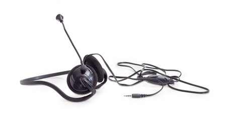 Black headset on a white background