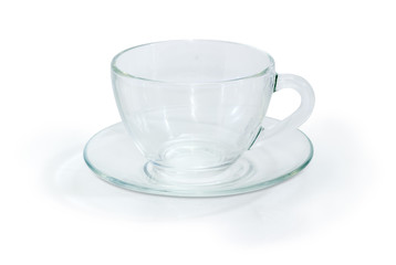 Empty glass cup with handle on glass saucer