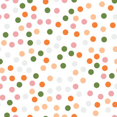 Colorful polka dots seamless pattern on white 14 background. Pleasant classic colorful polka dots textile pattern. Seamless scattered confetti fall chaotic decor. Abstract vector illustration.