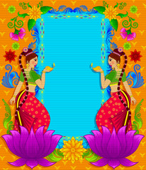 Indian girl welcoming with Indian style background and floral pattern