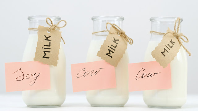 Various milk types. Soy and cow milk. Healthy drinking and vegan lifestyle alternative