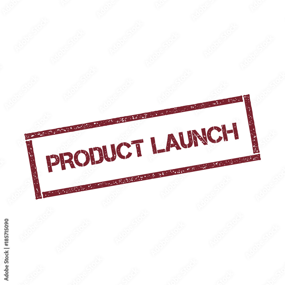 Poster product launch rectangular stamp. textured red seal with text isolated on white background, vector i