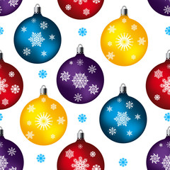 Seamless pattern, toy balls for festive fur-tree, on white background and snowflakes,