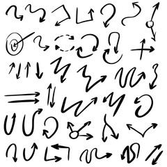 Arrow doodles vector. A set of simple sketches of arrows. Up, down, left, right ones. The effect of a pencil sketch isolated on white background.. Vector eps 10.