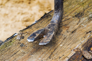 Metal nail pulls a nail from a wooden log
