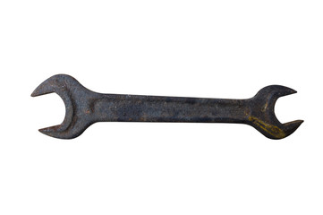 Old rusty wrench on a white background. Corrosion of metal