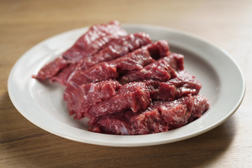 slices of raw beef in white plate on kitchen table