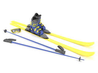 3d illustration of an blue yellow skiing isolated on a white background.