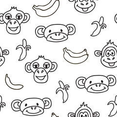 Seamless pattern with cute faces of monkeys and bananas. Can be used for textile, website background, book cover, packaging.
