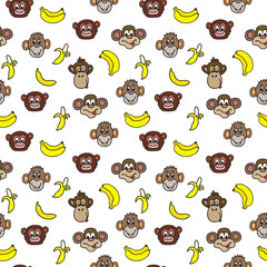 Fototapeta premium Seamless pattern with cute faces of monkeys and bananas.