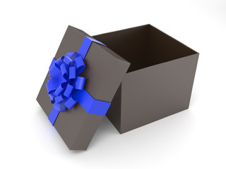 3d illustration open brown with blue ribbon box isolated on white background.