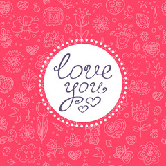 Obraz premium Valentine's day vector card template with lettering and pattern. Beautiful vector design.