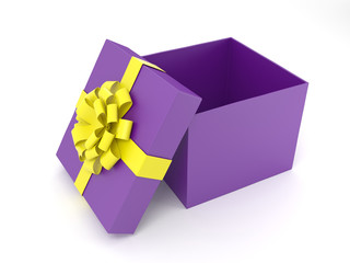 3d illustration open purple with yellow ribbon box isolated on white background.