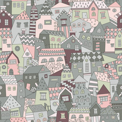 Naklejki  Doodle hand drawn town seamless pattern. Endless texture for wallpaper, fill,  web page background, surface texture.