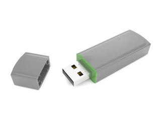 3d render isolated on white background gray green flash drive.