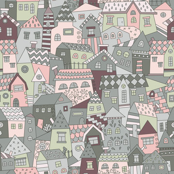 Doodle hand drawn town seamless pattern. Endless texture for wallpaper, fill, web page background, surface texture. © Marina