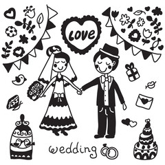 Hand drawn wedding couple. Vector illustration for your cute design.