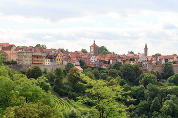 Fototapeta na wymiar Cityscape of medieval old town Rothenburg ob der Tauber with towers, Germany