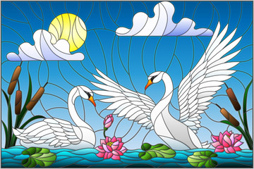 Illustration in stained glass style with pair of Swans , Lotus flowers and reeds on a pond in the sun, sky and clouds