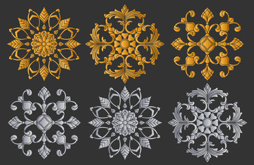Set of decorative elements, round floral symmetric composition, gold and silver options