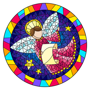 Illustration in stained glass style with an abstract angel in pink robe  , round picture frame in bright