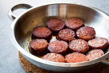 Turkish Sausage Sucuk in Frying Pan for Breakfast.