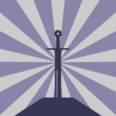 Sword in the stone.Silhouette of medieval weapon