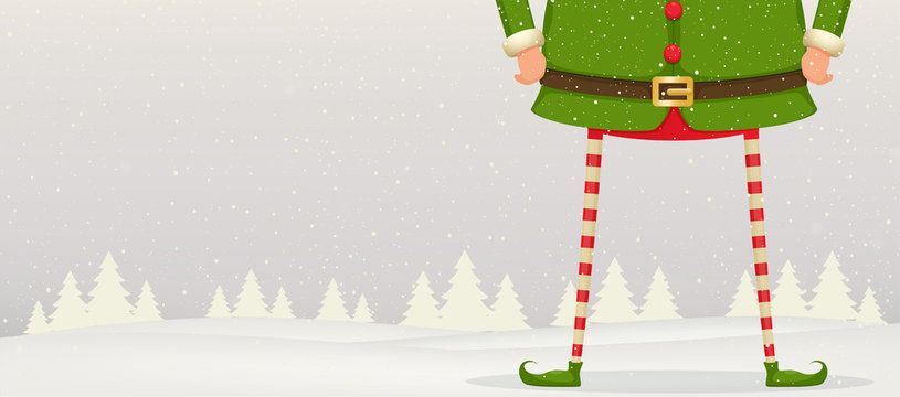 Christmas Composition Of Feet And Hands Of Elf Standing In The Snow . Festive New Year Background.