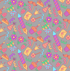 Party celebration semless vector pattern with doodle festive icons