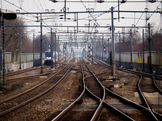 Naklejka premium a lot of tracks with trains around the station of Gouda, the Netherlands