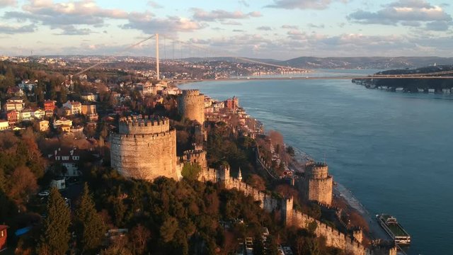 Aerial view of Rumeli Castle and Fatih Sultan Mehmet Bridge in Istanbul Turkey