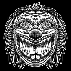Evil scary clown monster with big nose and sharp teeth. Blackwork adult flesh tattoo concept. Horror cartoon illustration isolated on black background. Laughing angry insane joker head. Vector.