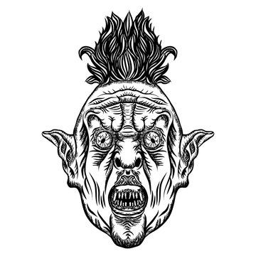 Devil head illustration. Punk with mohawk. Vector.