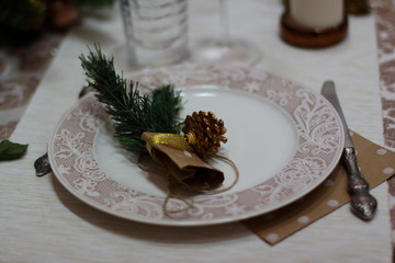 interior, new year, table setting, table, holiday, plate, lump, tree