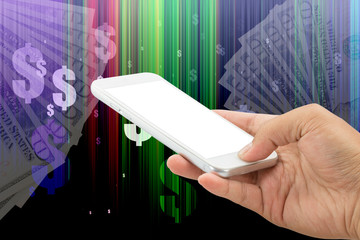 Hand holding smart phone with dollar on abstract lines effect background