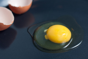 Broken egg with shell on a frying pan.