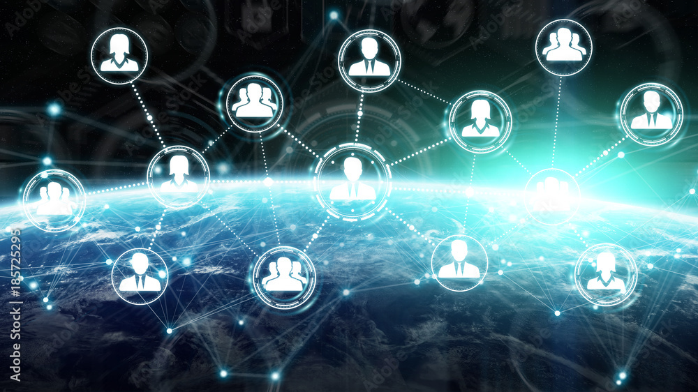 Poster Digital social network on planet Earth 3D rendering