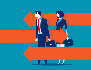 Business person standing between arrows. Concept business vector illustration. Flat character style.