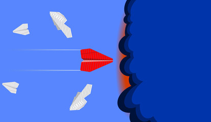 Бумажный самолет летит на встречу грозовому небу, концепция лидерства, векторная иллюстрация