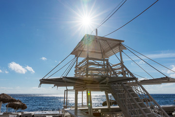 Lifeguard tower on the beach in Perissa Santorini, Greece