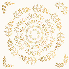 Golden hand drawn wreaths. Glitter design elements.