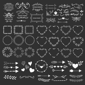Hand drawn frames, wreaths, flourishes, borders, arrows. Vector hearts and garlands.